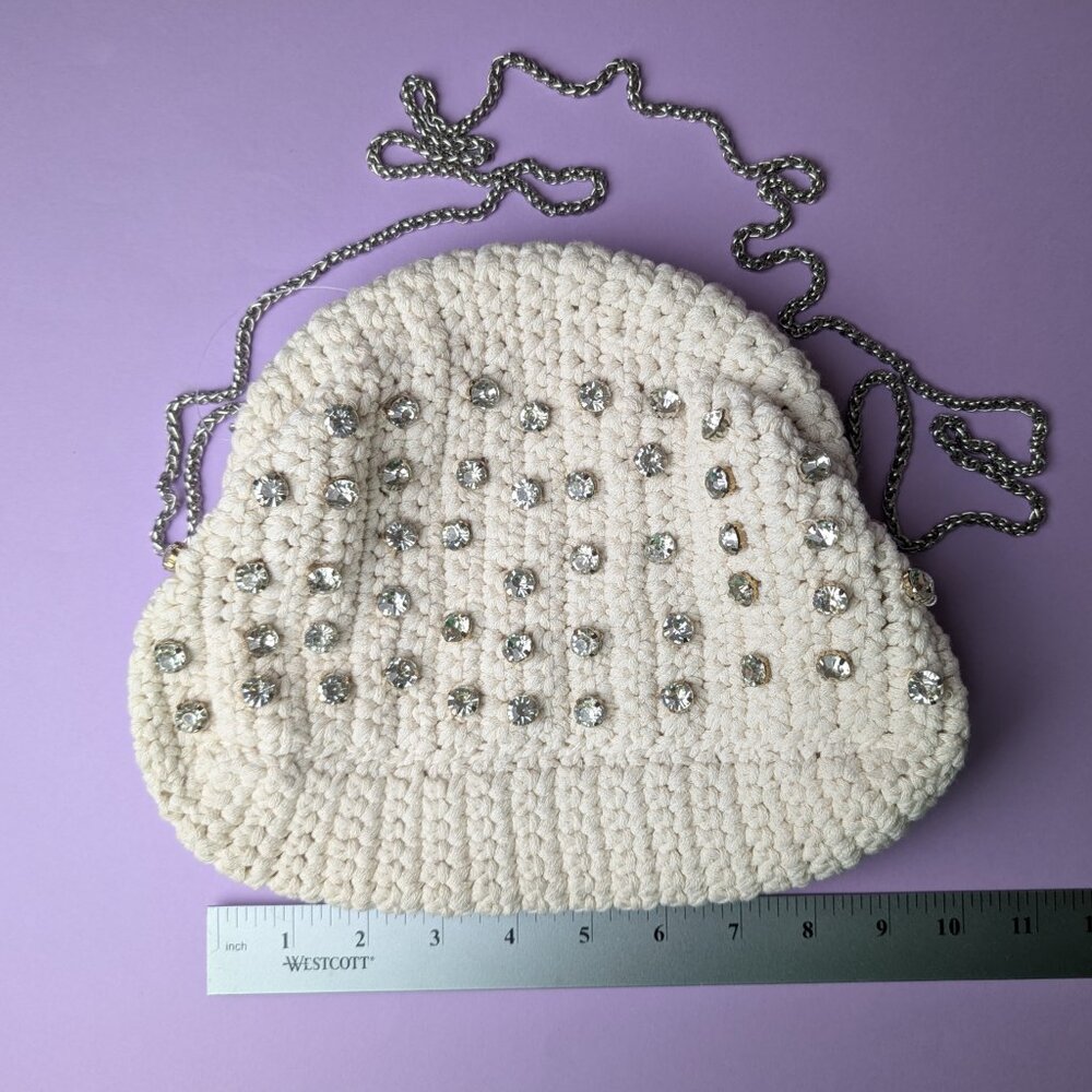 White Knitted Bag Rhinestoned Evening Purse Winter White Accessories Handbag - Picture 6 of 6